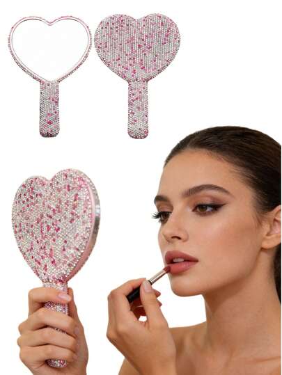 1个镶嵌粉钻的心形化妆镜，奢华闪亮水晶水钻手持镜，适合旅行、家居装饰或作为礼物