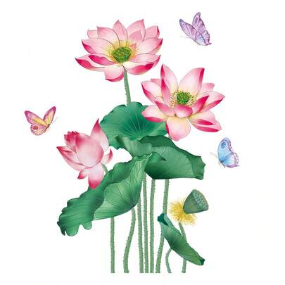 Lotus & Butterfly Window Stickers, Self-Adhesive, DIY Removable, Bring Refreshing Feeling To Living Room, Entrance, Study, Bedroom, Stick Summer Romance On Glass!