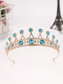 1pc European And American Bridal Bridesmaid Crown Headpiece, Alloy Rhinestone Hair Accessory For Evening Gown, Princess Style Hair Decoration - Blue - View 7