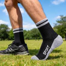 5 Pairs Men's Solid Color Mid-Calf Socks, Comfortable Breathable Soft Short Socks, Work Socks, Black & White - Black and White - View 6