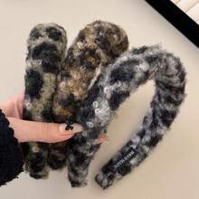 1件新款时尚豹纹仿毛皮发箍，女士简约百搭高冠发箍，防滑化妆洗发发饰 - 彩色 - 查看 2