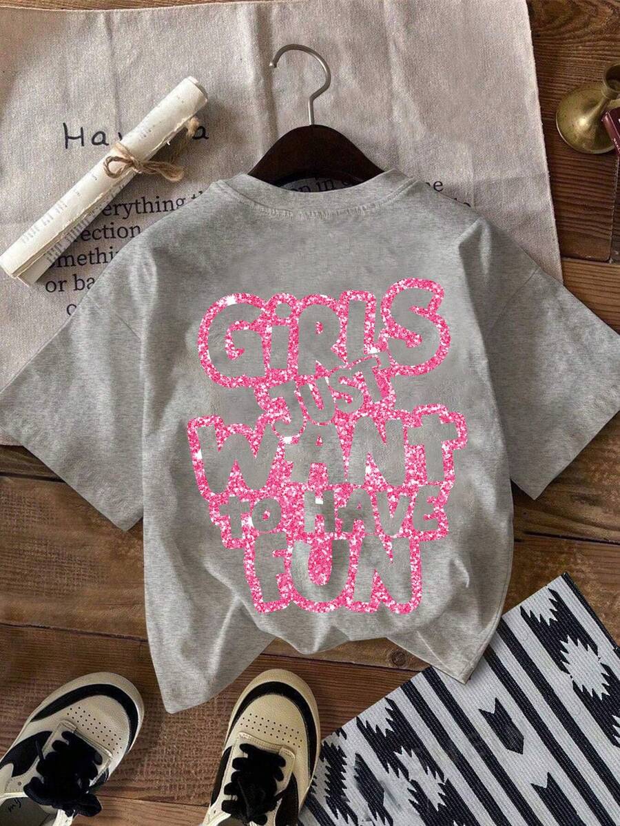 Girls Round Neck Short Sleeve Printed Slogan T-Shirt, Spring Summer Casual Young Girl Tee - Grey - View 1