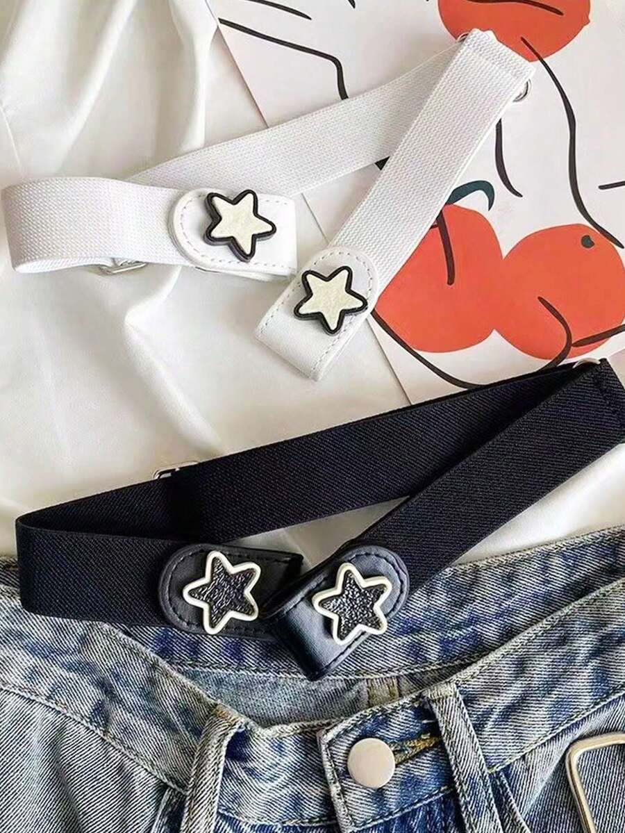 1条纯色无缝五角星弹力腰带,学生牛仔裤腰带,非常实用,紧致腰部束带,条纹腰带 - 彩色 - 查看 1