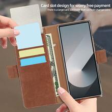 咖啡色高品质缝线仿皮翻盖全包保护手机壳，兼容三星 Galaxy Z Fold 5/6/7，带卡槽，防震磁吸钱包式手机壳 - 棕色 - 查看 5