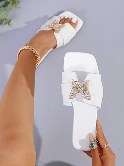 Neue Damen Weiße Sandalen, flache Slip-On Pantoffeln mit Schleife, Sommermode für Outdoor