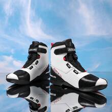 Botas de motocicleta para primavera/verano, con parte superior de cuero sintético de alta, suela de goma con excelente agarre y soporte de tobillo, adecuadas para entusiastas del todoterreno y la pista de carreras, zapatos de motocicleta unisex, botas de caña alta - Blanco - Ver 5