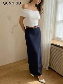 QUNGIGU Women's Solid Color Basic Slit Casual Comfortable High Waist A-Line Maxi Skirt - Navy Blue - View 3
