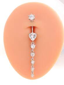 1pc Stainless Steel Navel Ring With Large Heart-Shaped Zirconia Inlay, 5 Small Round Zirconia Pendants, Snowflake Design, Sexy Navel Piercing Jewelry For Women, Suitable For Festivals - Heart + 5 Zirconium - View 3