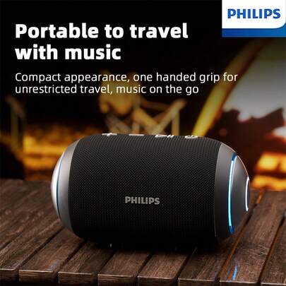 PHILIPS 飞利浦 TAS3209 蓝牙无线音箱，便携式户外运动迷你音箱，带灯光效果，高品质音频，强劲低音，超长续航，徒步旅行音箱，黑色