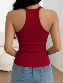 1pc Casual Comfortable Minimalist Camisole Top With Chest Pads, Sleeveless Slim Fit Solid Color Ribbed Undershirt, Suitable For All Seasons - Red - View 5
