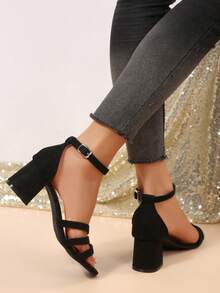 Ankle Strap Chunky Heel Round Toe Buckle Strap Fashion High Heel Sandals, Versatile - Black - View 5