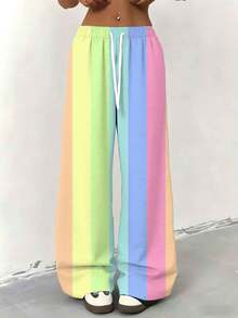 Womens Summer Wide Leg Pants Rainbow Stripe Fashion Loose Casual Style Everyday Gift Womens Clothes Suitable For Casual Sportswear 250g - Nhiều màu - Xem 3