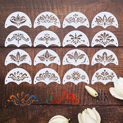 16pcs Face Painting Stencil Set, Floral And Geometric Patterns, Suitable For Tattoos, New Year Parties, Masquerade Balls, Party Costumes, Wall Art, Canvas Painting, Craft Supplies