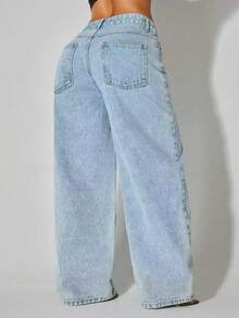 Jeans casuales de mujer de cintura baja, pierna ancha, con bolsillos laterales curvos, azules, ropa de otoño y primavera - Lavado ligero - Ver 2