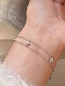 GAGAFEEL 1 chiếc vòng tay bạc 925 cao cấp, kiểu dáng thanh lịch, hai lớp, đính đá Zirconia hình hoa dễ thương, thích hợp đeo hàng ngày, làm quà tặng cho bạn bè trong các bữa tiệc. - Bạc - Xem 4