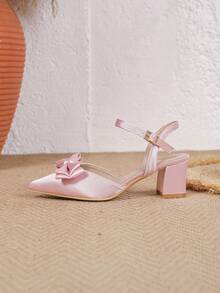 新款春夏时尚女式尖头高跟鞋，踝带粗跟凉鞋，粉色蝴蝶结休闲舒适鞋 - 粉色 - 查看 4