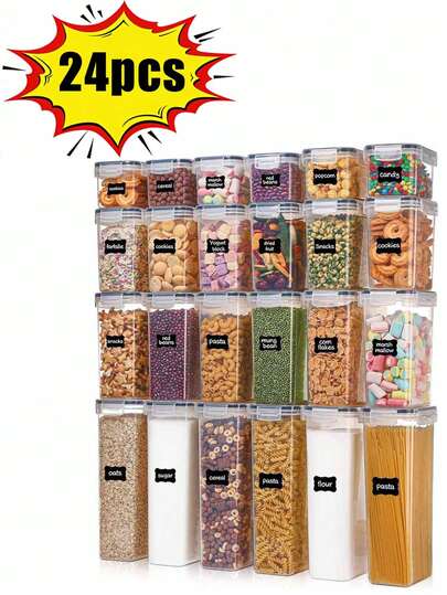24/8pcs Food Storage Containers With Lids, Transparent Food Jars, Airtight Seal Preservation Boxes, Suitable For Grains, Rice, Pasta, Tea, Nuts And Coffee Beans, Plastic Food Storage Canisters, Household Kitchen Supplies