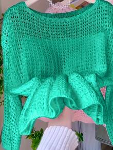 女士夏季休闲宽松纯色镂空针织上衣 - 綠色 - 查看 3