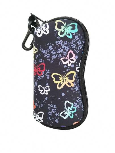 1pc Women's Elegant Black Butterfly Print Zipper Eyeglass Case, Soft Neoprene Portable Eyewear Pouch For Fashion Glasses, Ideal Gift For Travel, Sports, Commute, Friends