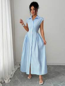 LUNNELUX Autumn Blue Pure Cotton Fine Striped Shirt Collar Short Sleeve Waist-Cinching Front Slit Long Dress, Elegant And Versatile, Suitable For Summer Back To School Season - Sky Blue - View 4