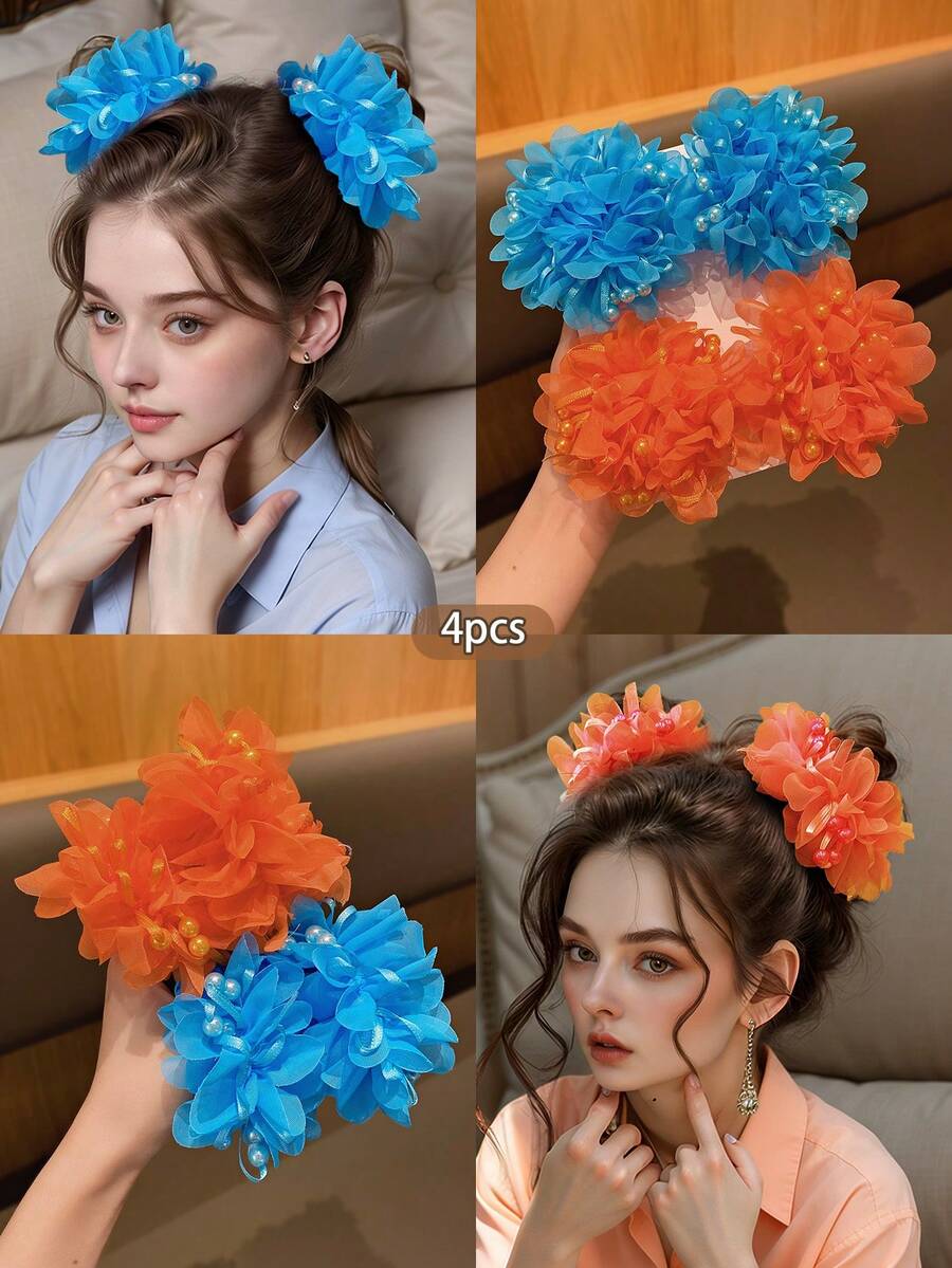 4pcs Cute Flower Hair Scrunchies, Suitable For Daily Use And Performances - Multicolor - View 1