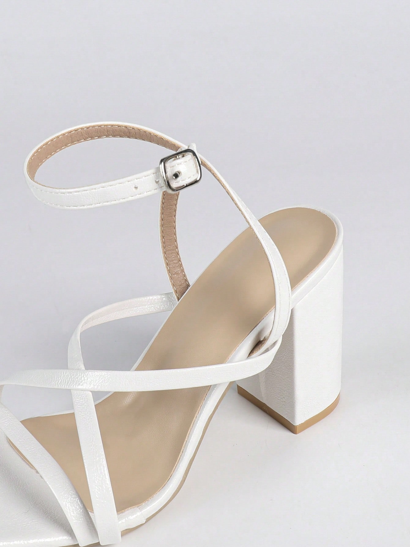 كعب عالي مربع الأصبع للنساء، لون أبيض، كعب سميك، أ...