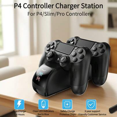 P4 Controller Charger, 2-Hour Rapid Dual Charging, LED Indicator, Overcharge Protection, USB Powered, Compatible With P4/P4 Slim/P4 Pro