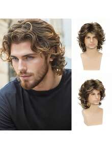 Peluca rizada de fibra sintética de color marrón con raya al medio de 12 pulgadas, de estilo europeo y americano, adecuada para uso diario y fiestas - Marrón - Ver 1