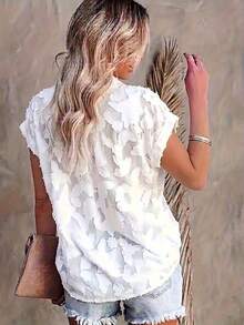 女士提花梭织纹理薄纱口袋休闲度假日常旅行约会夏季衬衫 白色 - 白色 - 查看 3