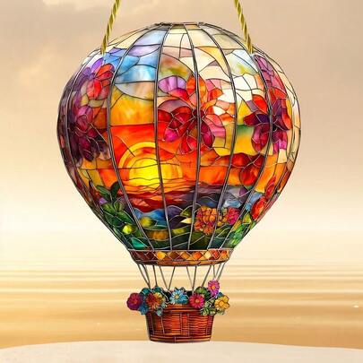 Red Glowing Hot Air Balloon Sun Catcher Circular Wall Hanging Decor