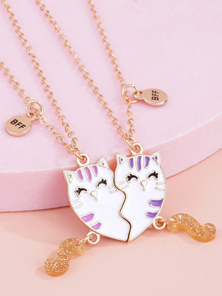 2pcs/Set Cute Kitty With Movable Tail Pendant Necklace, Gift For Daughter Or Best Friend - Multicolor - View 1