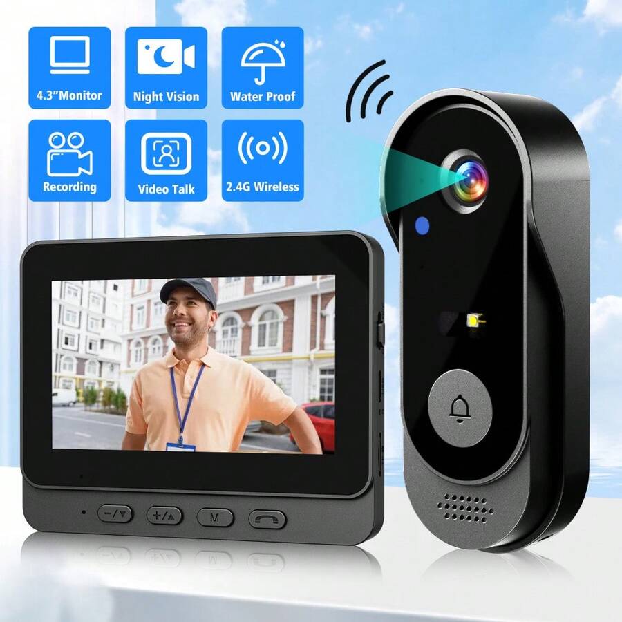 Wireless Smart Video Doorbell With 4.3 Inch Screen, 2.4G WiFi Visual Intercom, 800mAh Rechargeable Battery & 6 Months Long Life, Outdoor Waterproof Security Camera With Night Vision & 128G Max Storage (Black) - X8-KSML-black - 查看 1
