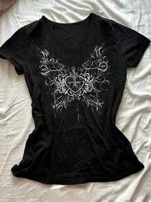 Women's Gothic-Style Wing Print Y2K Round Neck Short-Sleeved Flat Heat Transfer Printed T-Shirt, Suitable For Parties, Gatherings, Holiday Gifts, And All Seasons. - Đen 1 - Xem 5