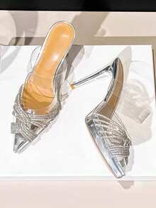 10厘米高跟尖头PVC透明水钻凉鞋，2026夏季新款露后跟婚宴女鞋 - 銀色 - 查看 3