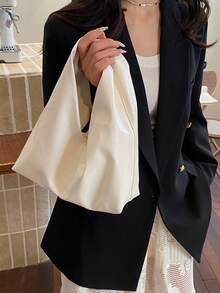 Grand sac à bandoulière rétro de femme en couleur unie et doux, sac bandoulière multifonctionnel, sac fourre-tout, sac de ville décontracté pour femmes - Blanc - Voir 9