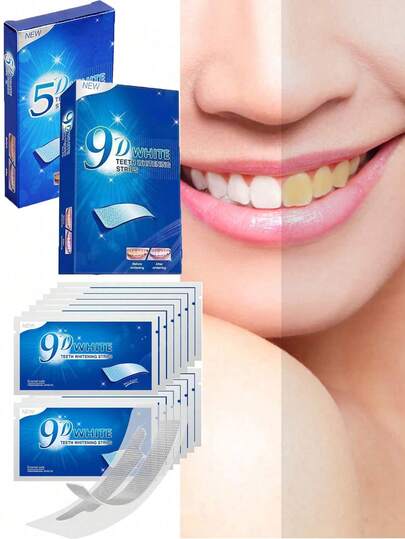 Miếng dán làm trắng răng 9D/5D - Bộ dụng cụ làm trắng không gây ê buốt. Công thức dành cho răng nhạy cảm: Một giải pháp hiệu quả giúp giảm ê buốt răng. Gói 7 cặp (14 miếng dán) - Với công thức chuyên nghiệp, bảo vệ men răng. Nhanh chóng loại bỏ các vết ố do uống cà phê và hút thuốc. Một giải pháp làm sạch răng không gây kích ứng - Tiện lợi khi đi du lịch. (Bao bì mới và cũ được giao ngẫu nhiên.)