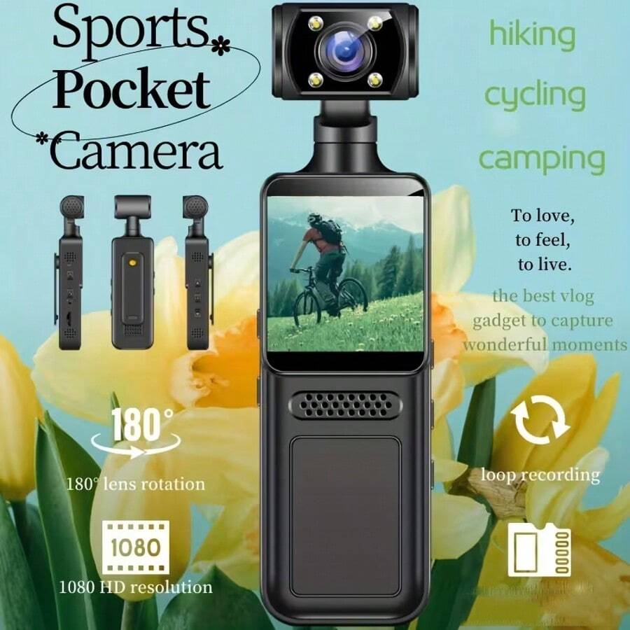Cámara de acción de bolsillo 1080P, adecuada para deportes al aire libre en el hogar, esquí, ciclismo, senderismo, cámara deportiva portátil, pantalla de 1.33 pulgadas, rotación de 180°, cámara para blogs, cámara para vlogs, grabación en primera persona, grabación de , etc.