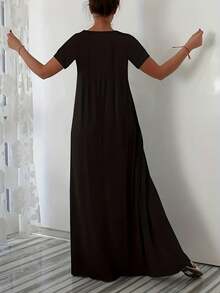 Abito estivo da donna casual ed elegante, ampio, per uso quotidiano, a maniche corte, tinta unita, scollo a V, aderente, colore nero - nero - Visualizzare 2