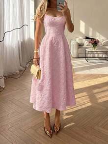Summer Wedding Elegant Solid Color Sophisticated Lightweight Dress, Fitted Waist Spaghetti Strap Midi Dress, Pink Party,Casual Dress - 黃色 - 查看 10
