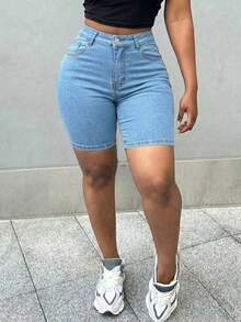 Women's Summer Casual Distressed Elastic Skinny Ripped Denim Shorts, Curve-Hugging Fit For Beach, Music Festival, Denim Girl Style - Medium Wash - View 2