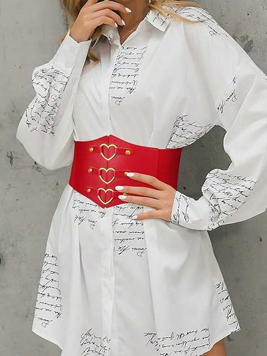 1件女士红色时尚PU皮革弹力束身腰带,饰有心形图案,适合节日派对或日常穿着 - 紅色 - 查看 1