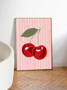 1pc Frameless Cherry Themed Canvas Art, Featuring Cute Cartoon Design With Pink Stripes, Red Cherries And Green Leaves, Suitable For Contemporary Home Decor, Can Be Placed In Living Room, Bedroom Or Workspace - Multicolor - View 3