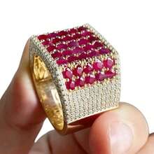 Klassisches Design Vintage Synthetischer Roter Edelstein Ring, Luxuriöser Hochwertig Goldener Verlobungsring, Hochzeitsschmuck Geschenk - Gold - Übersicht 1