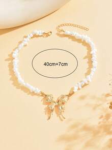 1pc Fashionable Elegant Stone Beaded Necklace With Charming Gold Butterfly Pendant, Women's Romantic Choker Necklace Suitable For Daily And Party Wear - Multicolor - View 3