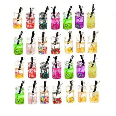 20pcs Mini Glass Bottle Pendants With Fruit Infusion, Resin Drink Cup Charms, Suitable For DIY Jewelry, Earrings, Keychains