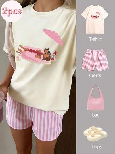 2pcs Tween Girl Summer Outfit - Short Sleeve T-Shirt Paired With Striped Shorts, Fashionable/Y2K/Streetwear Style, Artistic Vibe Top And Shorts Set