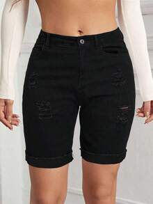 Flexra Ripped Roll Up Hem Denim Shorts - 黑色 - 查看 6