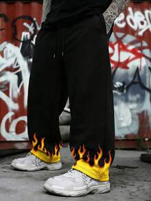 FRACTYR 男士夏季休闲街头时尚泼墨抽象涂鸦图案街头服饰透气双面宽松印花长裤 - 黑色 - 查看 2