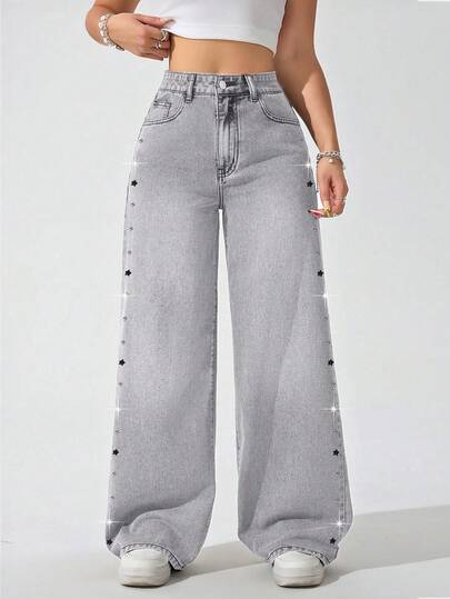 CHILAM Pantalones vaqueros largos de mezclilla gris de pierna ancha para mujer, estilo casual, con apliques de estrellas únicos y ajuste cómodo.