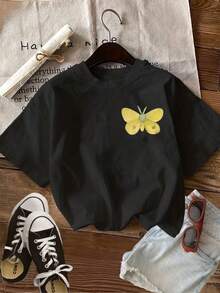 [Double-Sided Print] Women's Summer Casual Top, Watercolor Style, Butterfly Wing Print, Round Neck, Pure Cotton Short-Sleeve T-Shirt [LingK] Spring Set, Cotton T-Shirt - Black - View 3